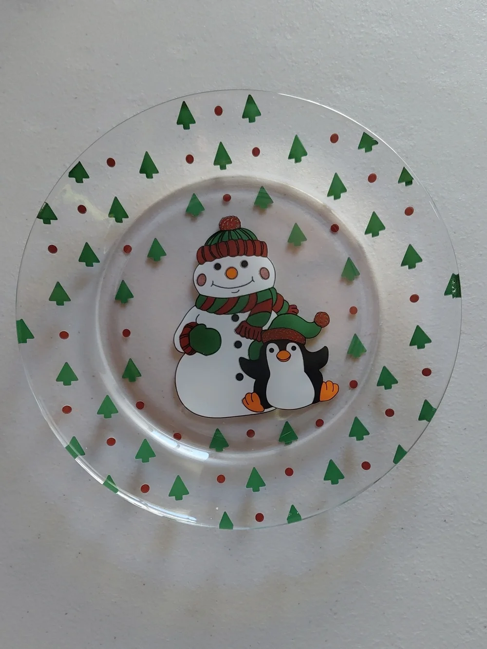 Arcoroc France Snowman & Penguin Glass Plate - Red, Green, Clear